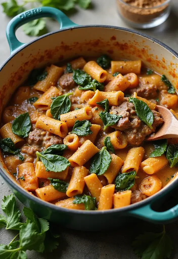 25 Creamy Beef Pasta Recipes Everyone Will Love - 2. One-Pot Beef and Creamy Spinach Pasta