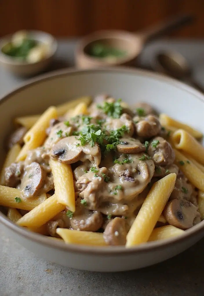 25 Creamy Beef Pasta Recipes Everyone Will Love - 23. Beef and Mushroom Penne Alfredo