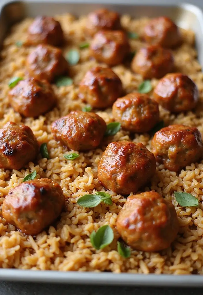 25 Sheet Pan Meat Recipes for Quick Dinners - 14. One-Pan Meatballs and Rice