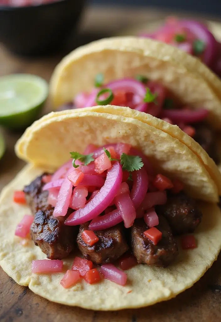 26 Steak Taco Recipes That Bring the Heat - 20. Spicy Steak Tacos with Pickled Onions