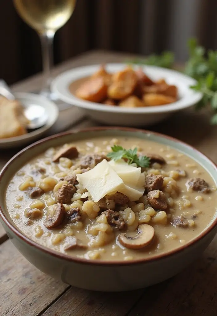 27 Beef Soup Recipes That Warm the Soul - 22. Beef and Mushroom Risotto Soup
