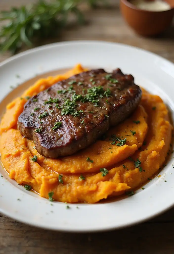 27 Garlic Butter Steak Recipes Everyone Will Love - 22. Garlic Butter Steak with Sweet Potato Mash