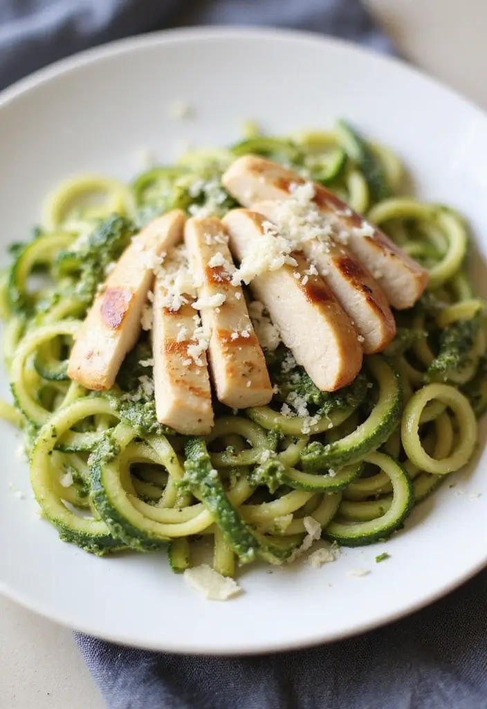 27 Healthy Meat Recipes Packed with Protein - 10. Zucchini Noodles with Pesto Chicken