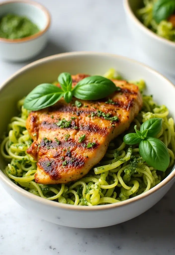 27 Healthy Meat Recipes Packed with Protein - 22. Pesto Zoodle Bowls with Chicken