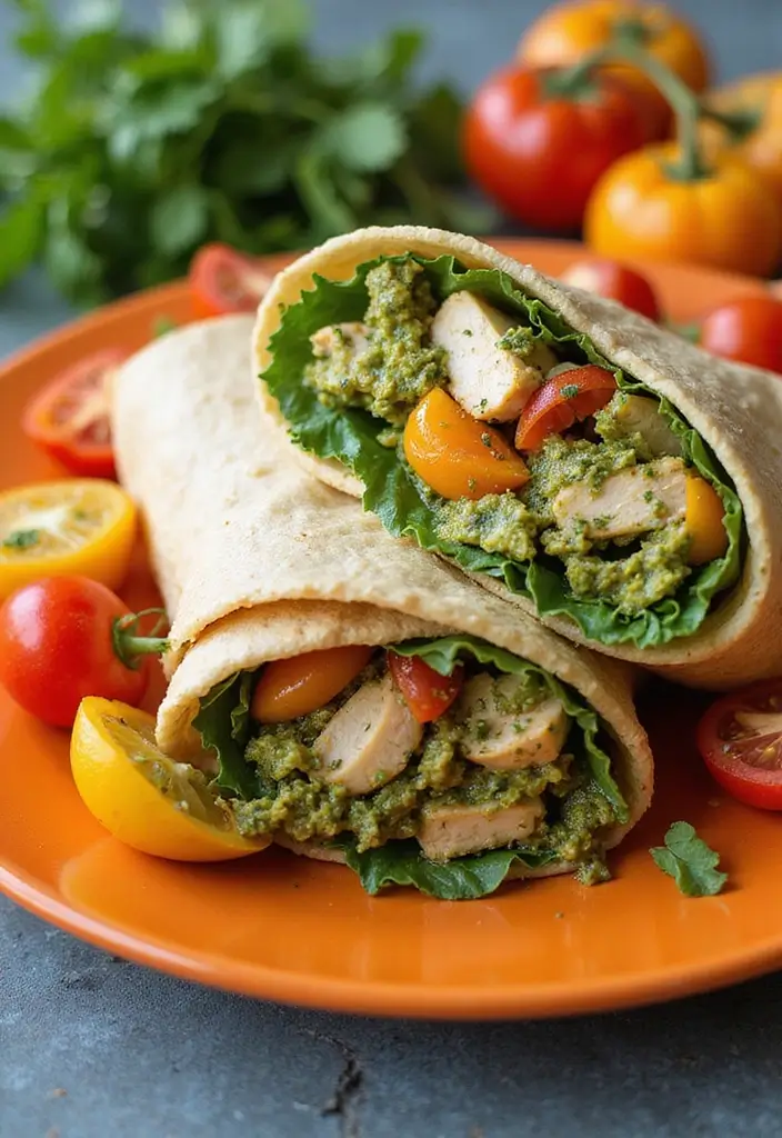27 Meat Wrap Recipes for Lunch On-the-Go - 9. Pesto Chicken & Veggie Wrap