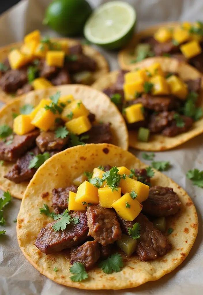 27 Steak Appetizer Recipes That Impress Instantly - 11. Steak Tacos with Mango Salsa