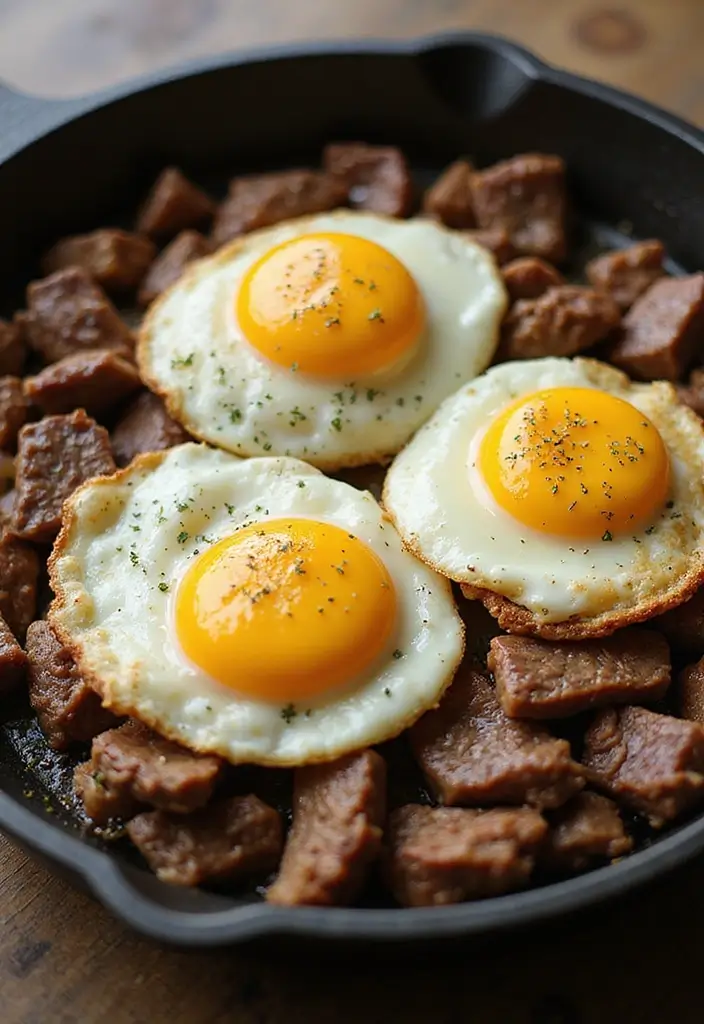 27 Steak Skillet Recipes for Quick Gourmet Dinners - 15. Steak and Egg Breakfast Skillet