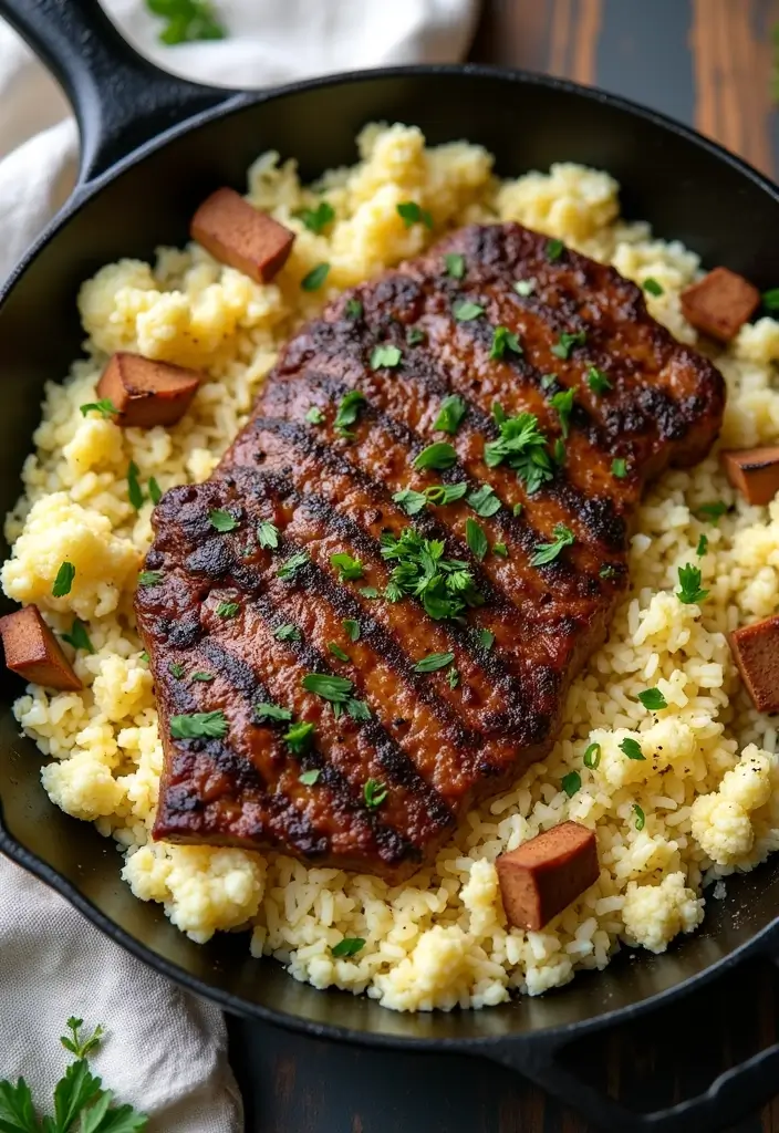 27 Steak Skillet Recipes for Quick Gourmet Dinners - 17. Steak and Cauliflower Rice Skillet