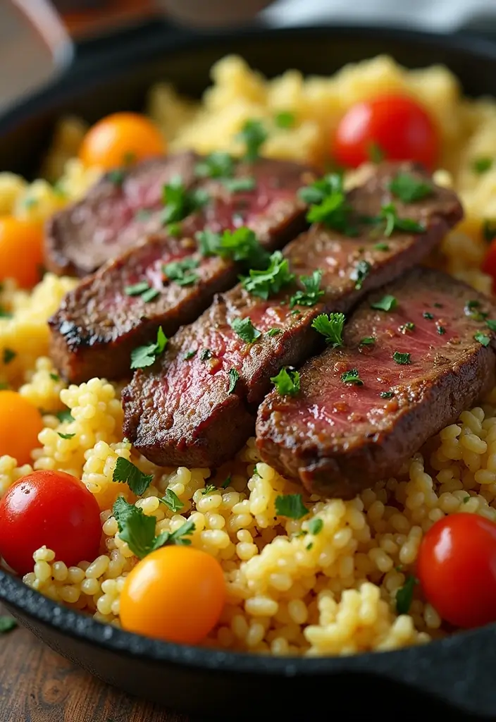 27 Steak Skillet Recipes for Quick Gourmet Dinners - 26. Steak and Couscous Skillet