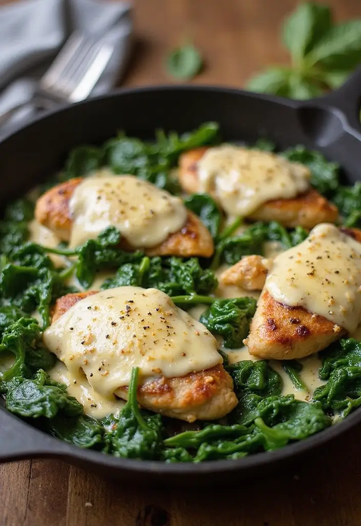 28 Chicken Skillet Recipes for Quick Family Meals - 9. Garlic Parmesan Chicken and Spinach