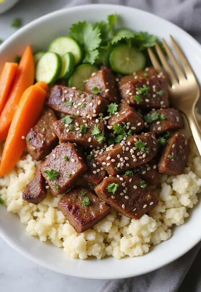 28 Healthy Steak Recipes Under 500 Calories - 17. Steak and Cauliflower Rice Bowl