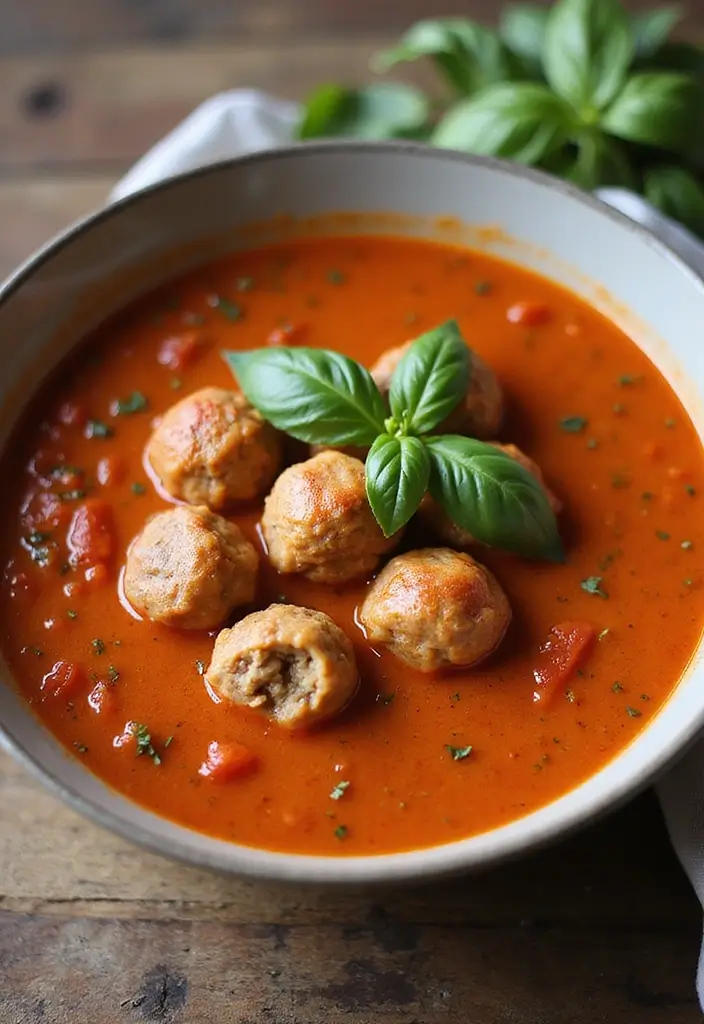 28 Meat Soup Recipes That Warm You Up - 16. Creamy Tomato and Meatball Soup