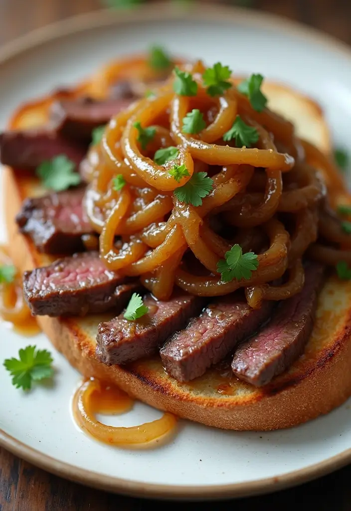 28 Steak Breakfast Recipes to Start Strong - 26. Steak and Caramelized Onion Breakfast Toast