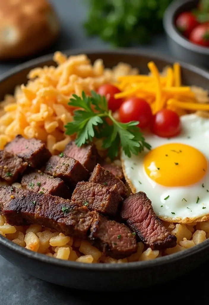 28 Steak Breakfast Recipes to Start Strong - 28. Loaded Steak Breakfast Bowl